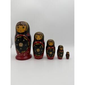 Vintage Martyshoka Wooden Red & Black 5 Piece Nesting Doll 7" Russian Folk Art